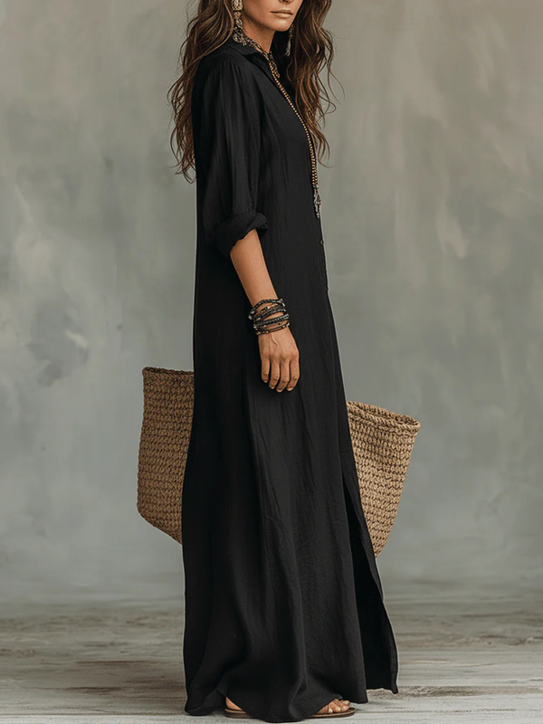 Locker fallendes bodenlanges Kleid mit Knopfleiste