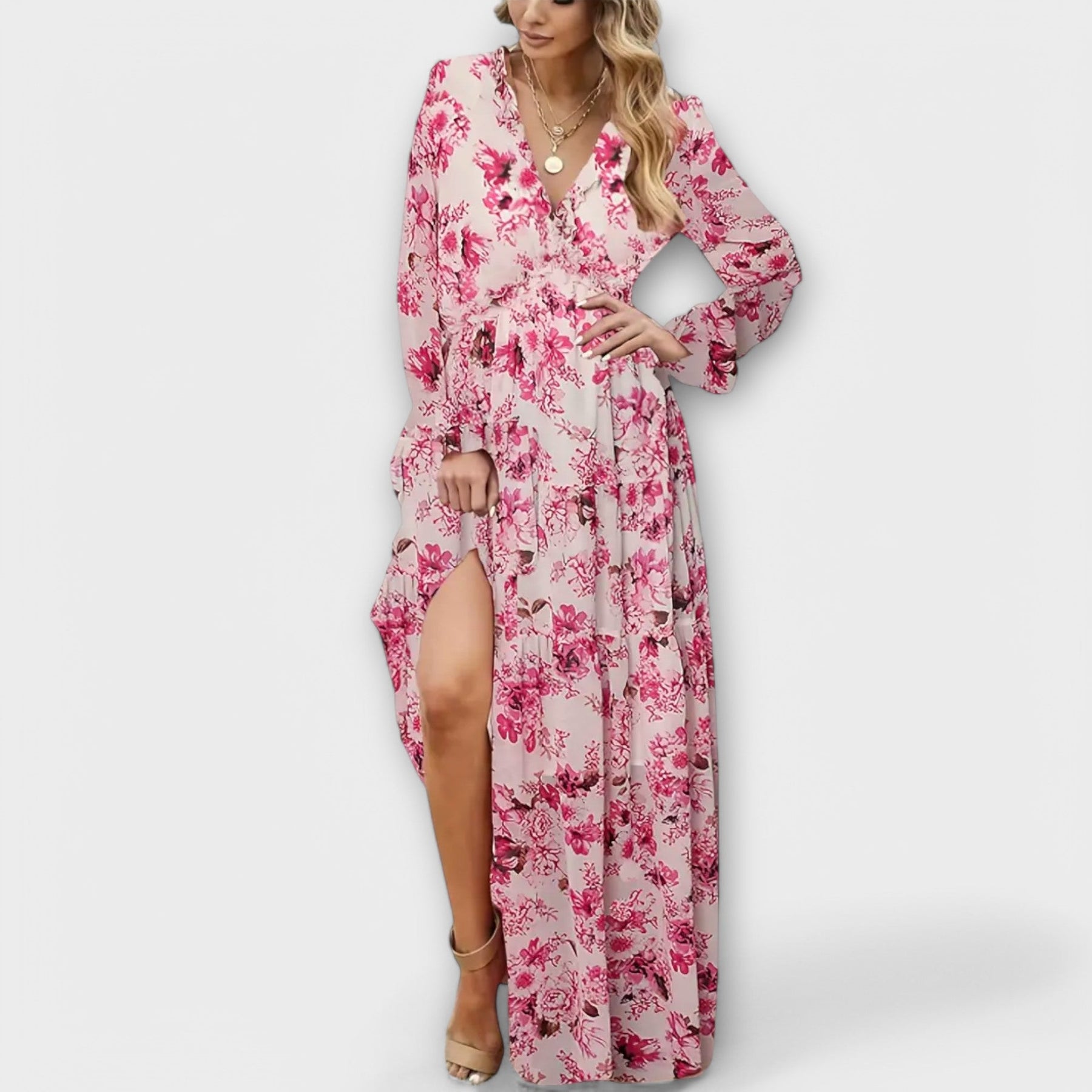 Langes Kleid mit Blumenmuster und Rüschen