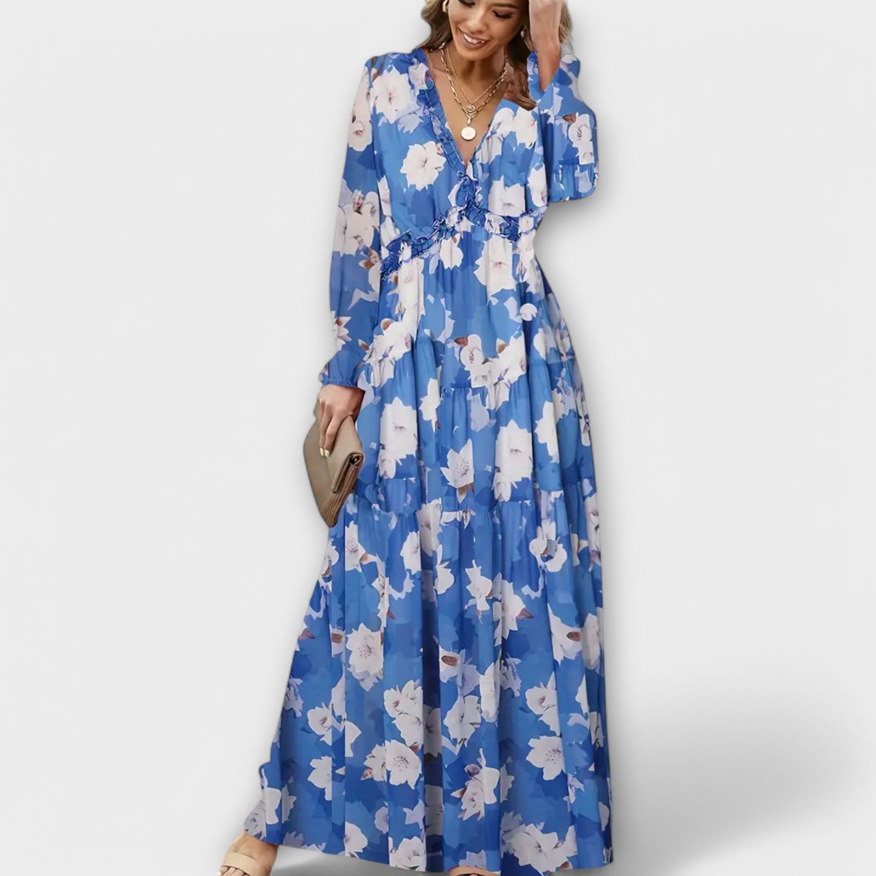 Langes Kleid mit Blumenmuster und Rüschen