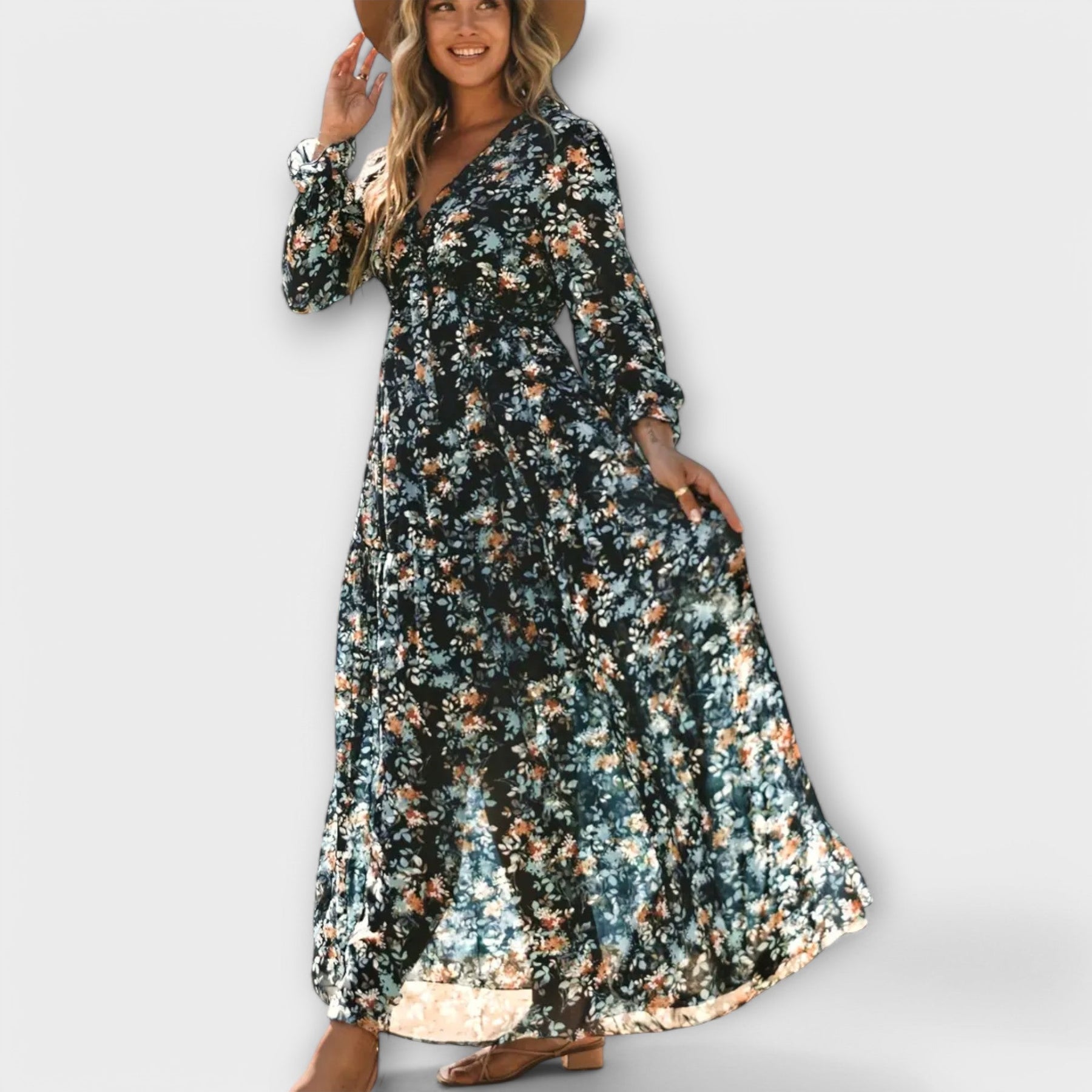 Langes Kleid mit Blumenmuster und Rüschen