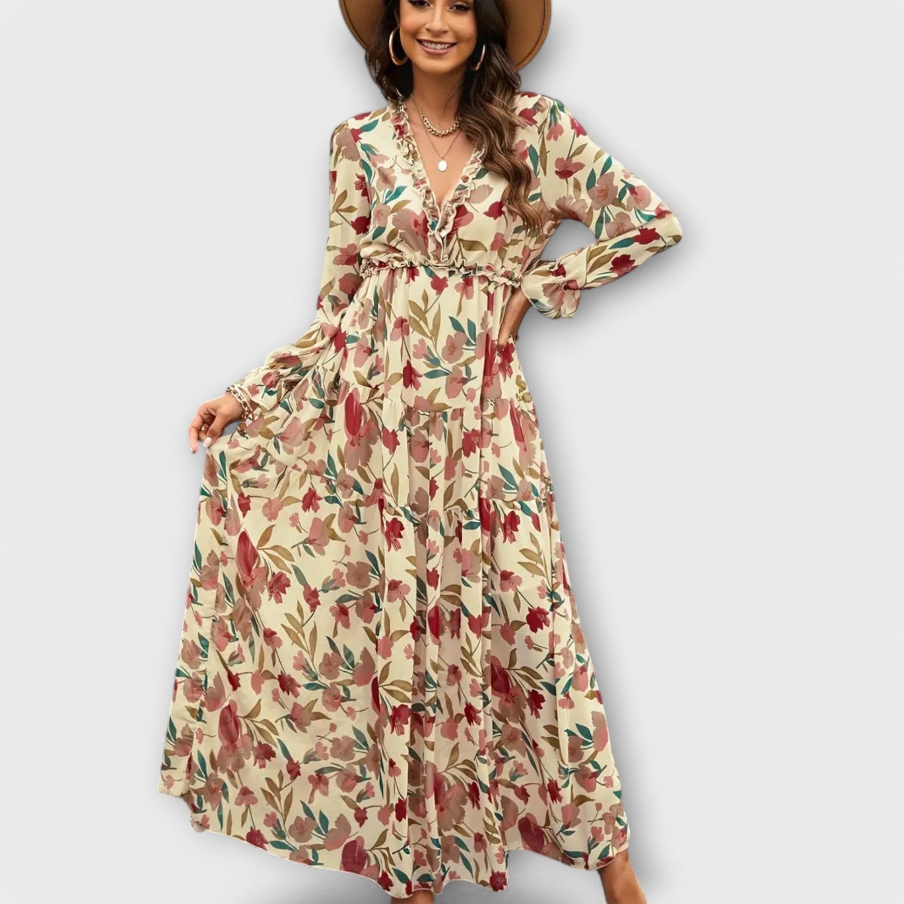 Langes Kleid mit Blumenmuster und Rüschen