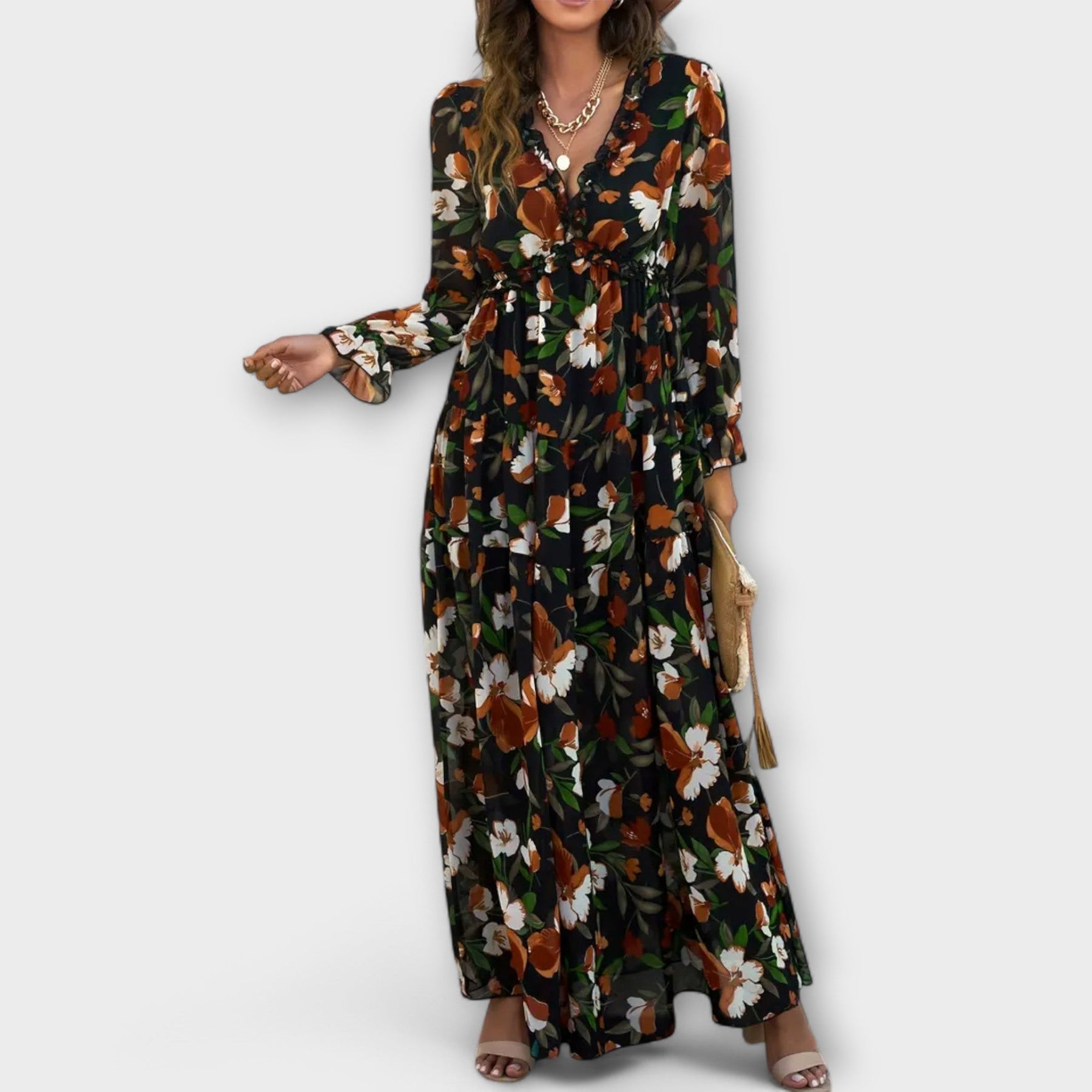 Langes Kleid mit Blumenmuster und Rüschen