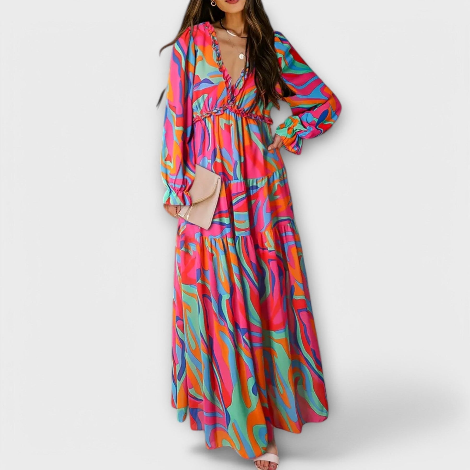 Langes Kleid mit Blumenmuster und Rüschen