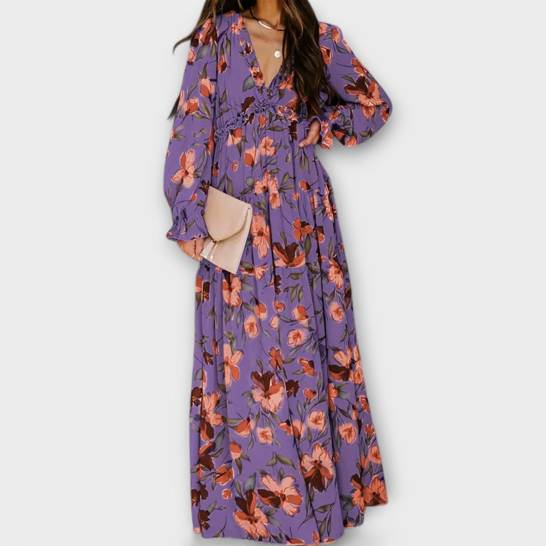 Langes Kleid mit Blumenmuster und Rüschen