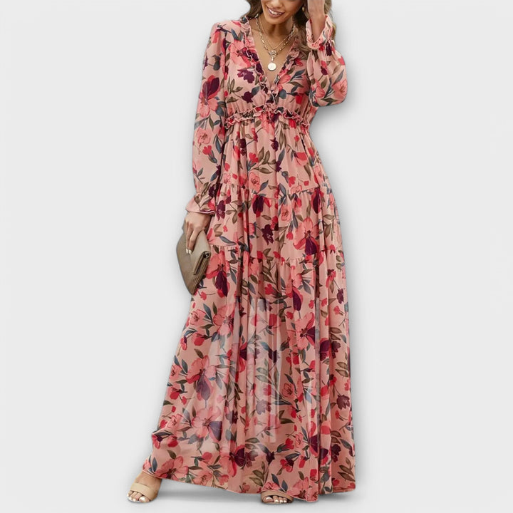 Langes Kleid mit Blumenmuster und Rüschen