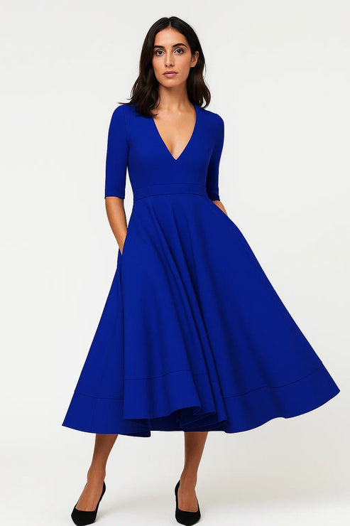 Midi Kleid mit V Ausschnitt und Dreiviertel Ärmeln