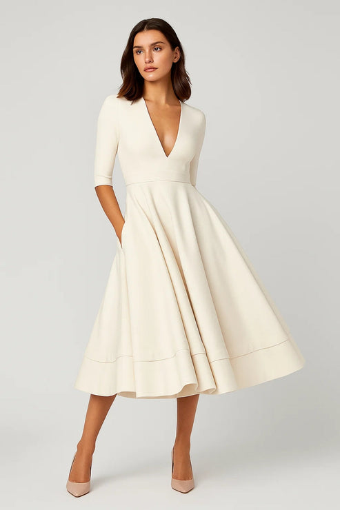 Midi Kleid mit V Ausschnitt und Dreiviertel Ärmeln