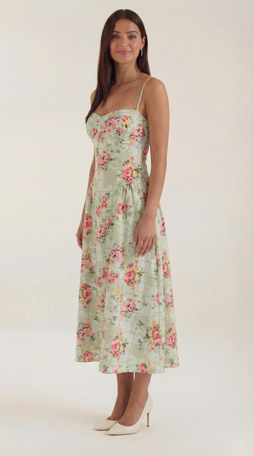 Midikleid mit Korsettform und schmalen Trägern