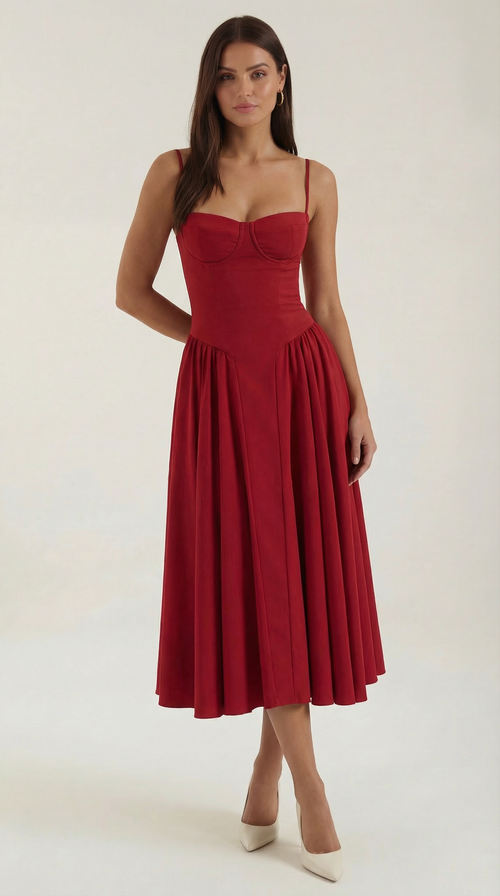 Midikleid mit Korsettform und schmalen Trägern