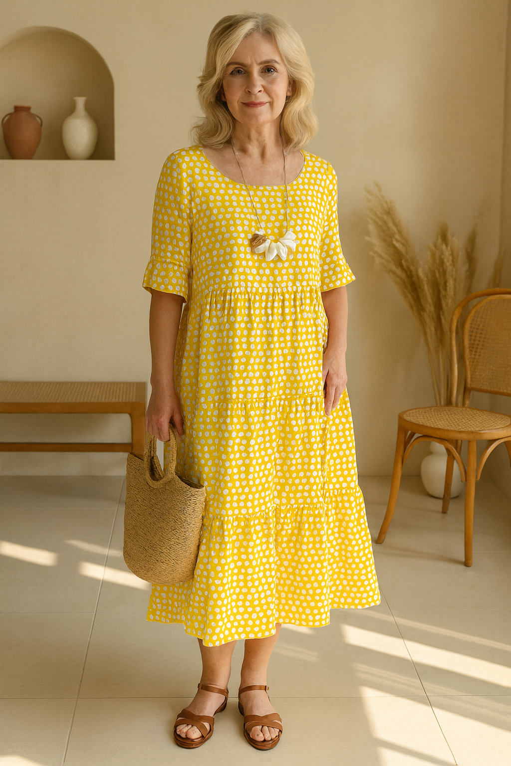 Midikleid mit Punkten und kurzen Ärmeln