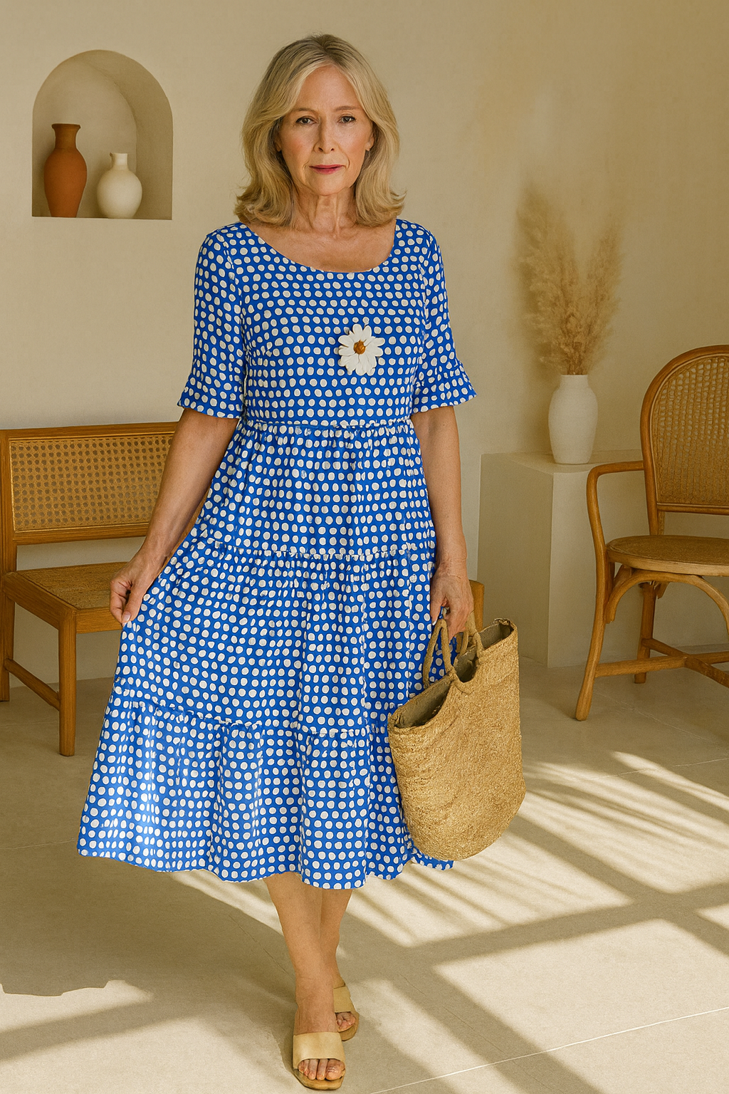 Midikleid mit Punkten und kurzen Ärmeln