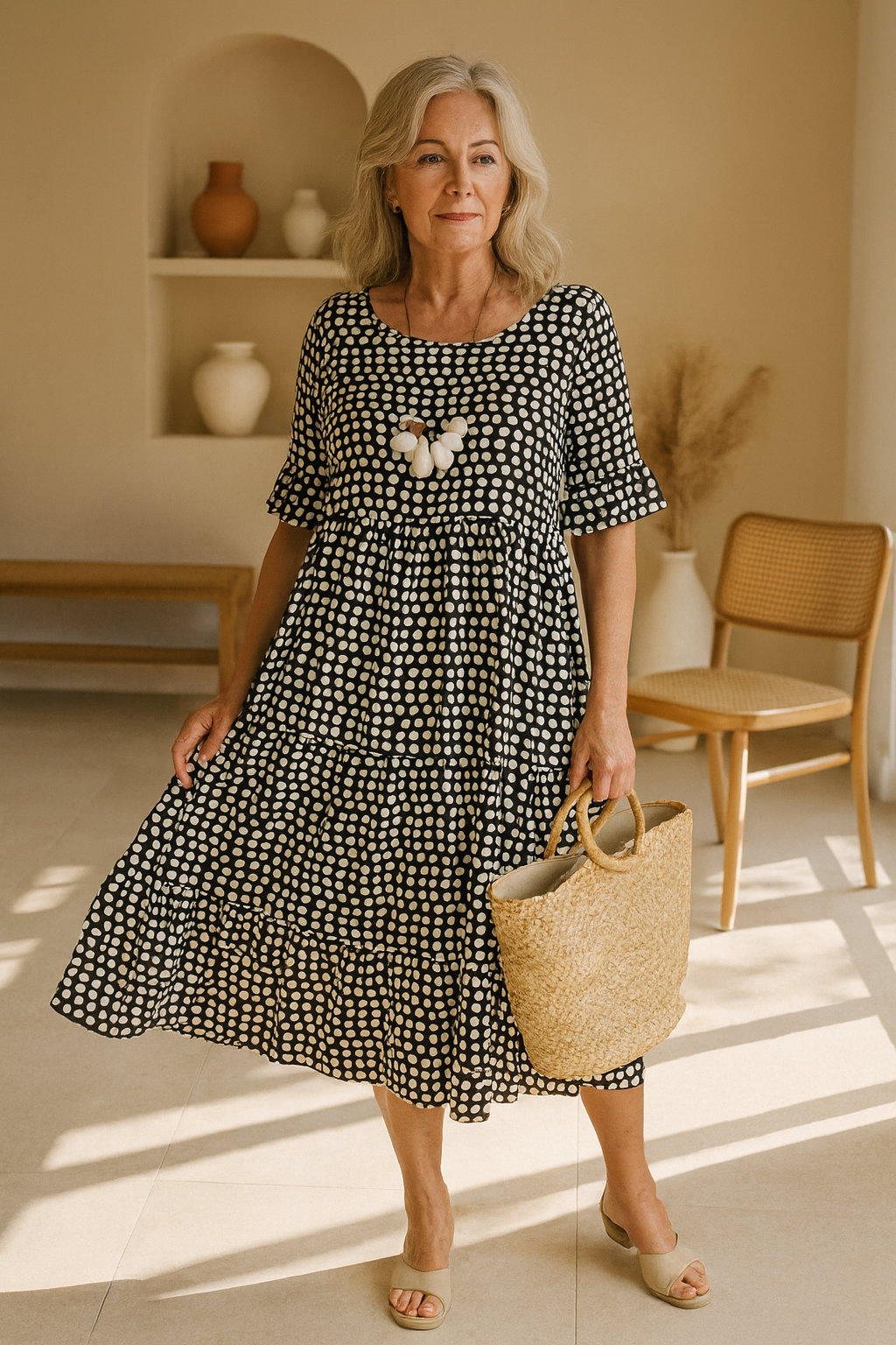 Midikleid mit Punkten und kurzen Ärmeln