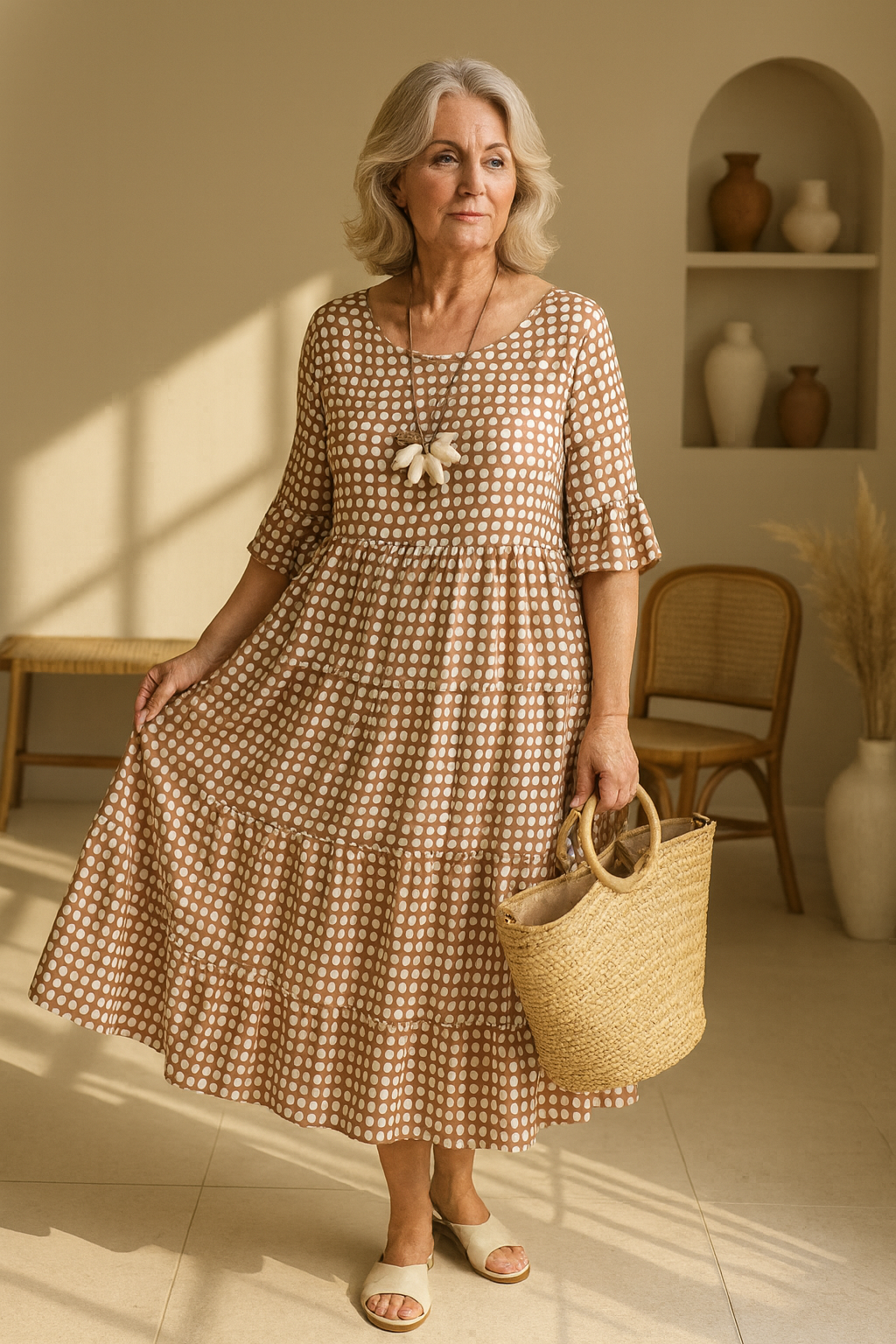 Midikleid mit Punkten und kurzen Ärmeln