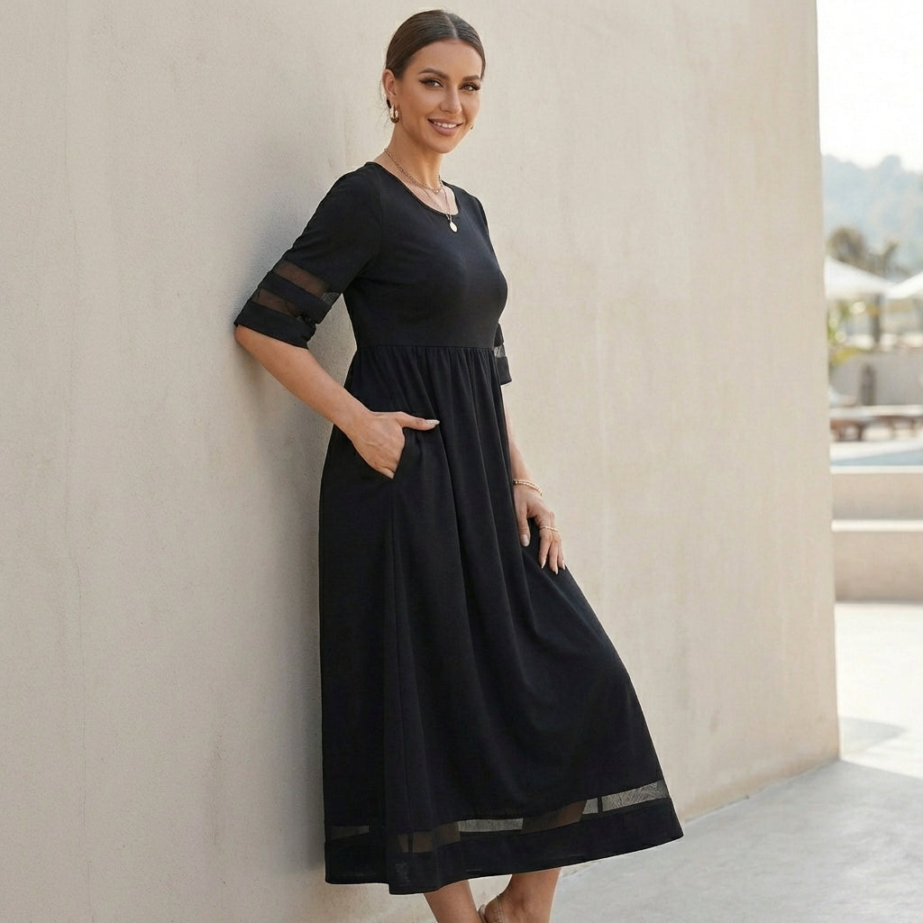Midikleid mit rundem Ausschnitt und Dreiviertelärmeln