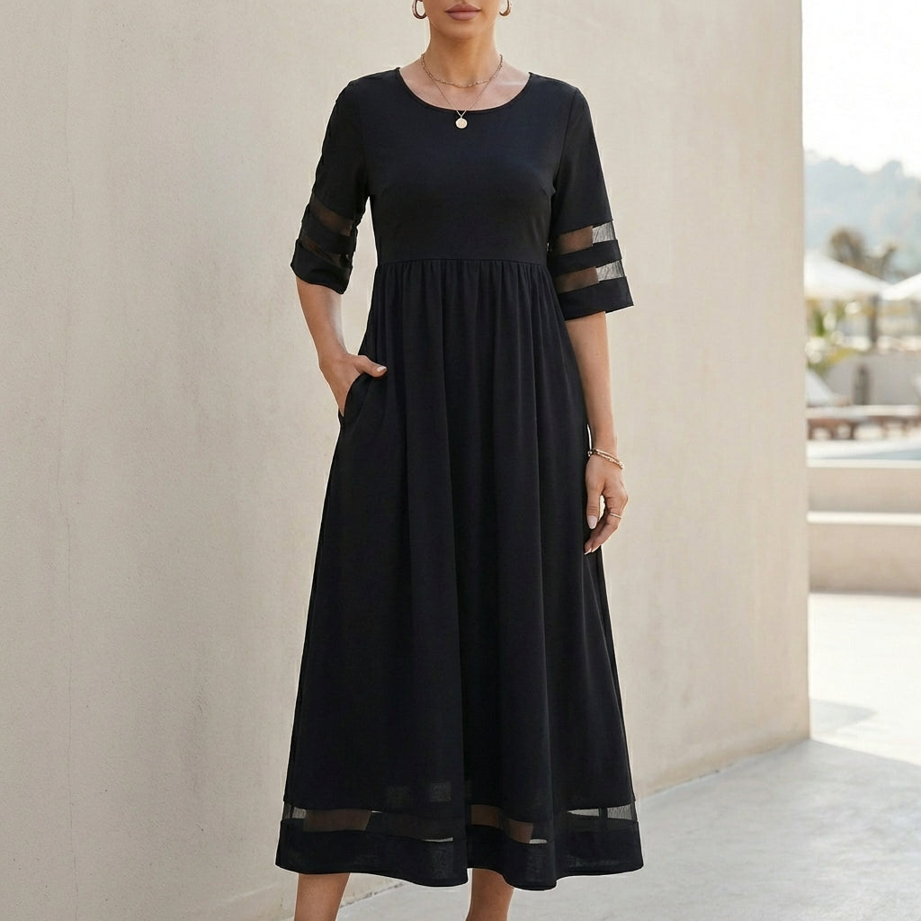 Midikleid mit rundem Ausschnitt und Dreiviertelärmeln