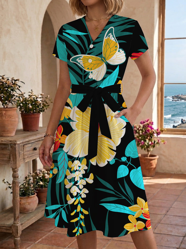 Midikleid mit Blumenmuster und Band