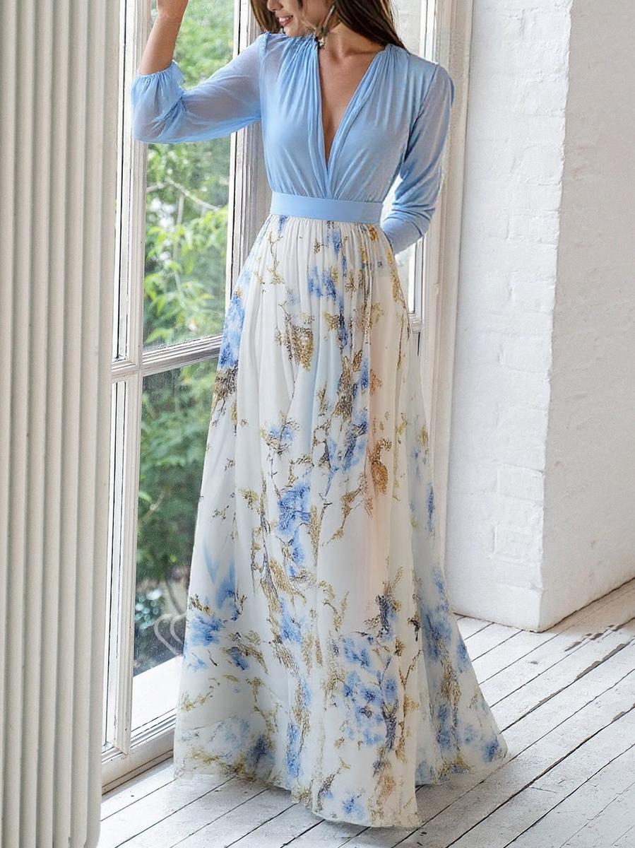 Romantisches Maxikleid mit langen Ärmeln und V Ausschnitt