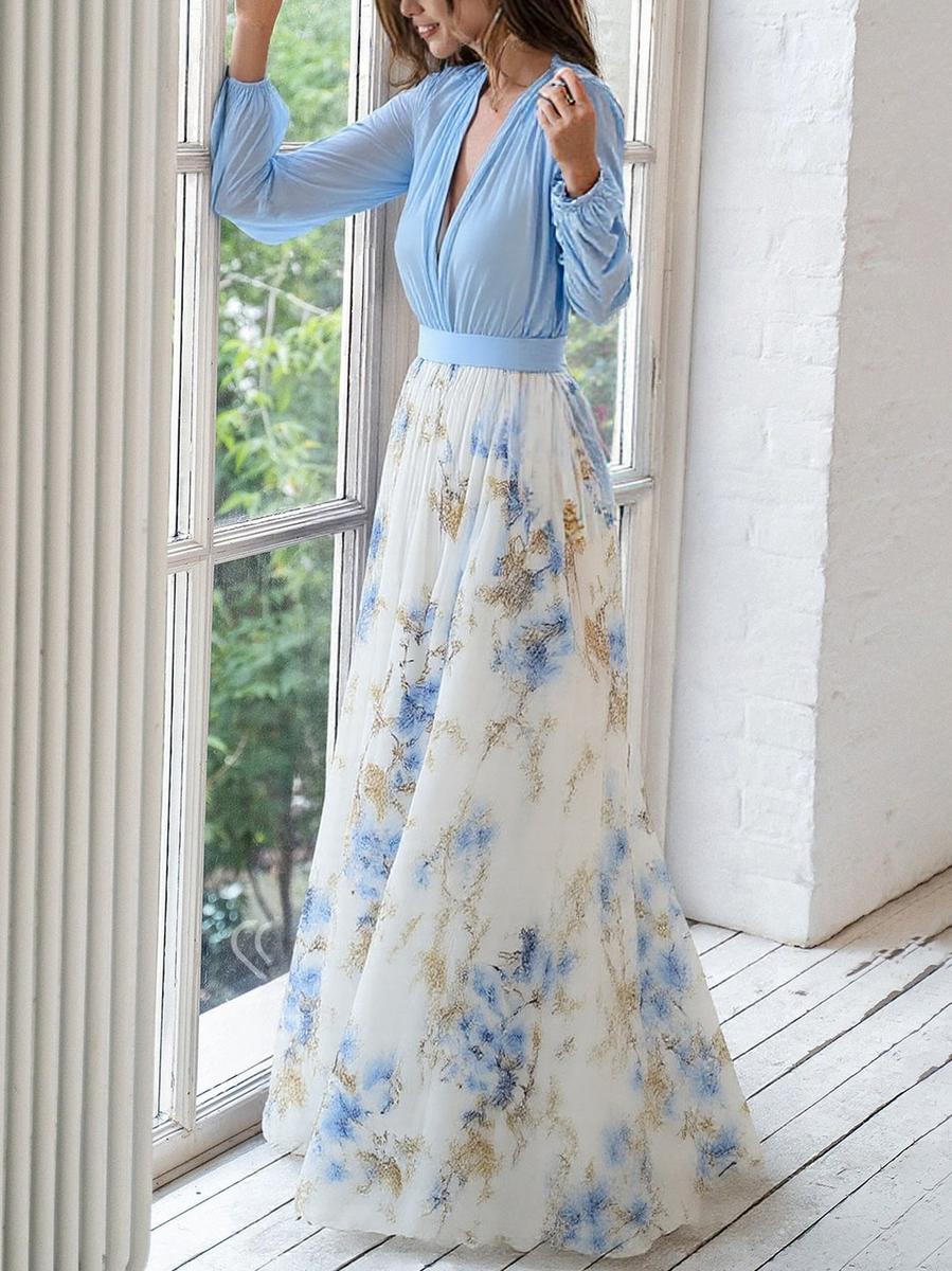 Romantisches Maxikleid mit langen Ärmeln und V Ausschnitt