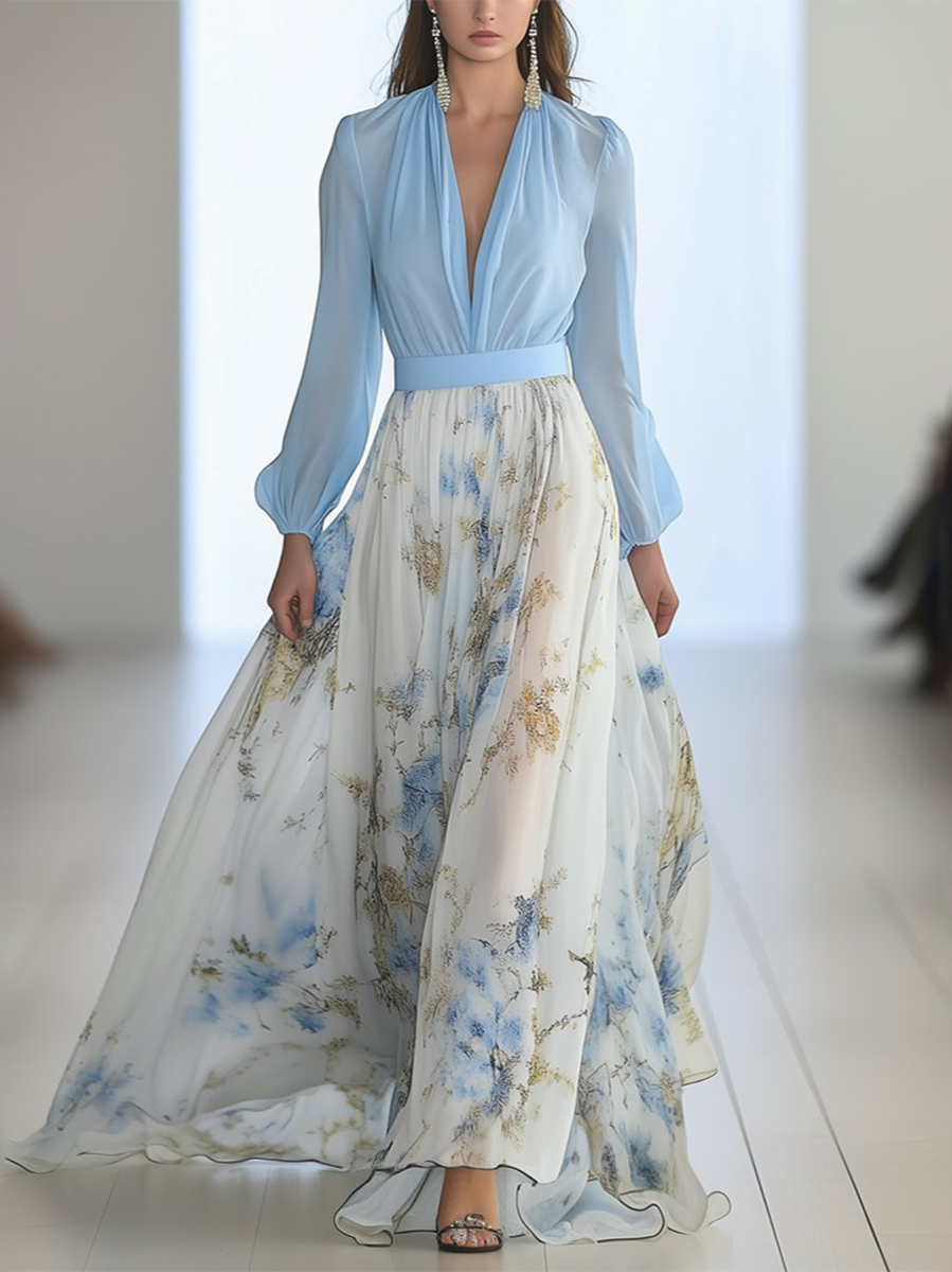 Romantisches Maxikleid mit langen Ärmeln und V Ausschnitt