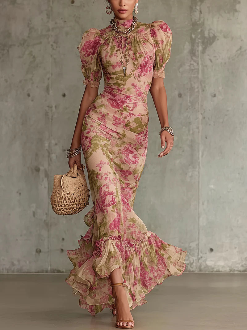 Romantisches Maxikleid mit Puffärmeln und Rüschen