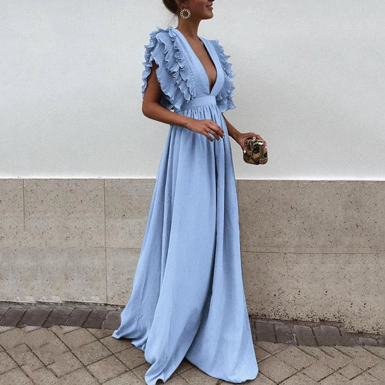 Elegantes Maxi Kleid mit Volants und tiefem V Ausschnitt