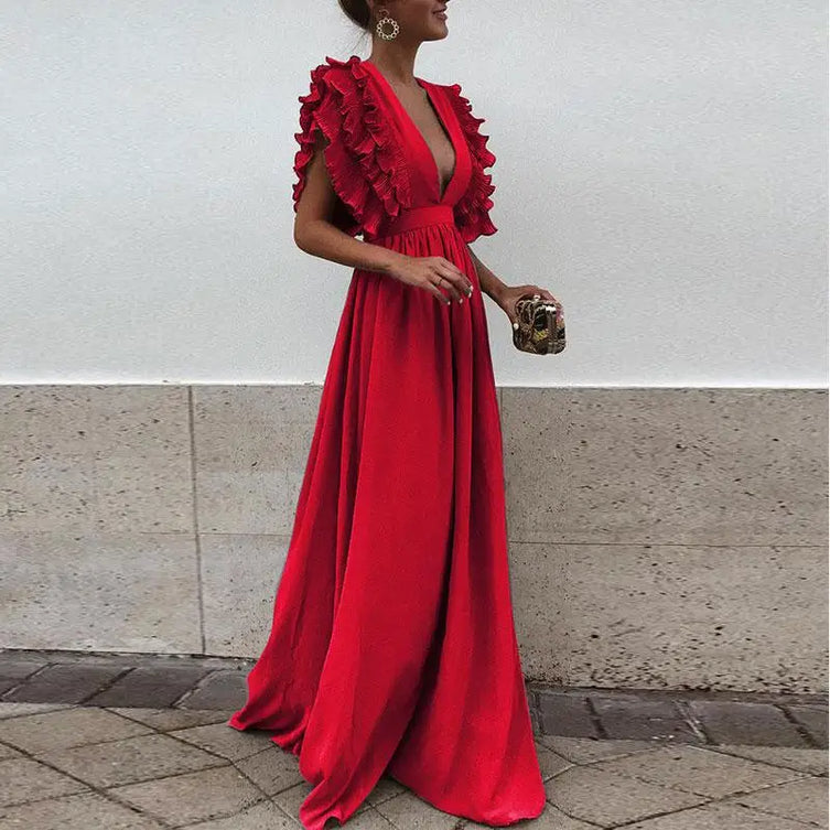 Elegantes Maxi Kleid mit Volants und tiefem V Ausschnitt