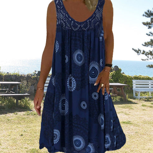 Sommer Kleid ohne Ärmel mit Rundhals Muster