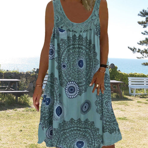 Sommer Kleid ohne Ärmel mit Rundhals Muster