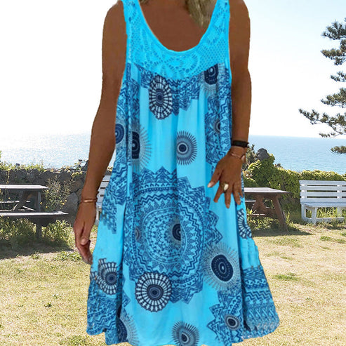 Sommer Kleid ohne Ärmel mit Rundhals Muster