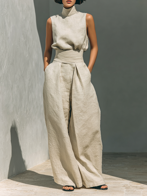 Sommerliche Damen Kombination mit hohem Kragen und weiter Hose