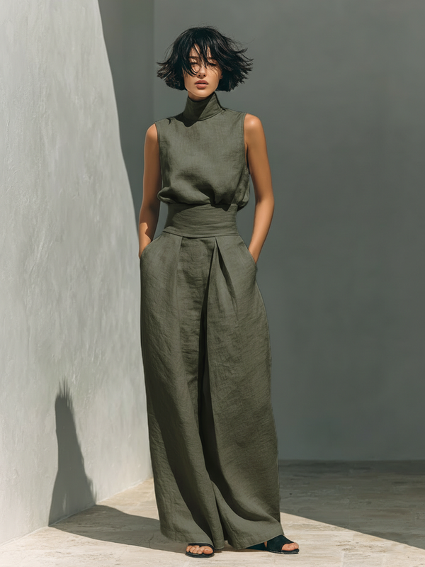 Sommerliche Damen Kombination mit hohem Kragen und weiter Hose
