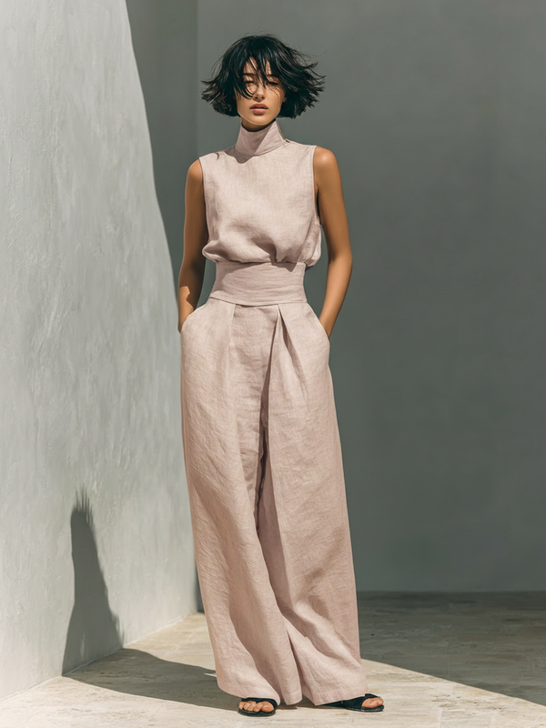 Sommerliche Damen Kombination mit hohem Kragen und weiter Hose