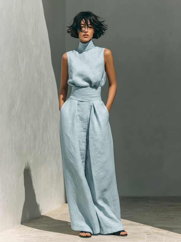 Sommerliche Damen Kombination mit hohem Kragen und weiter Hose
