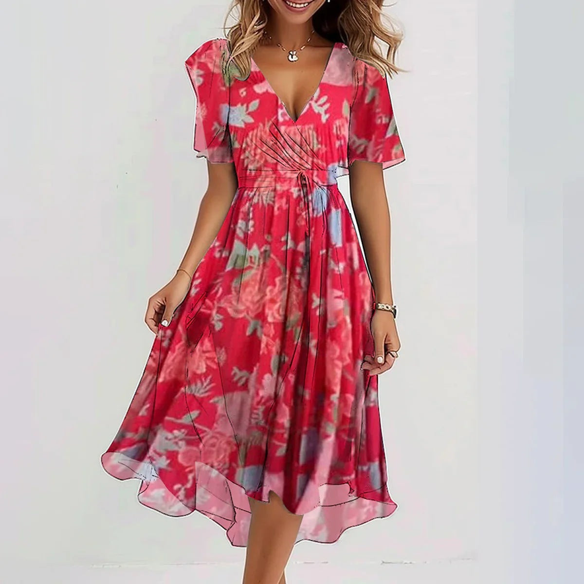 Sommerliches Midikleid mit Blumen und Wickelform