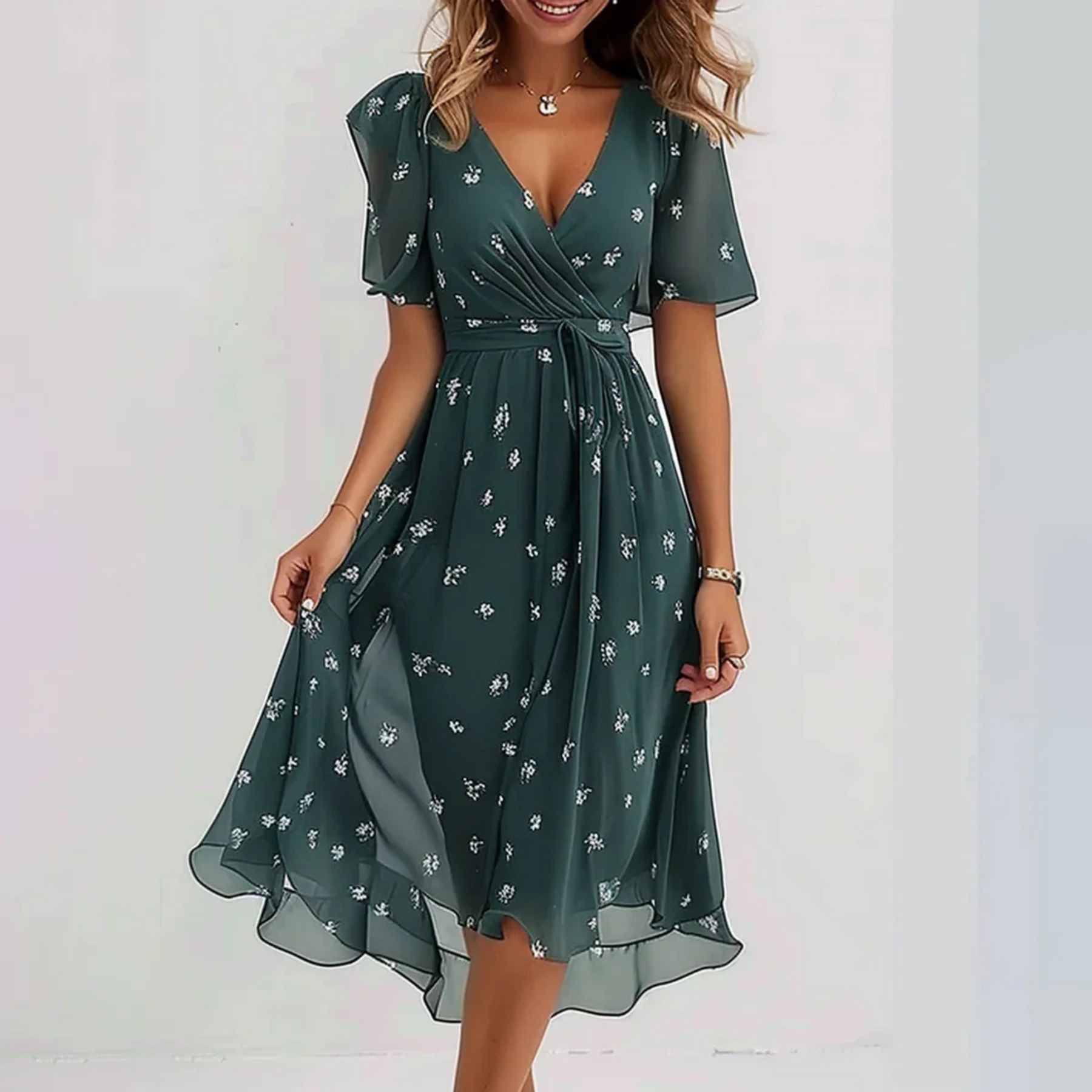 Sommerliches Midikleid mit Blumen und Wickelform