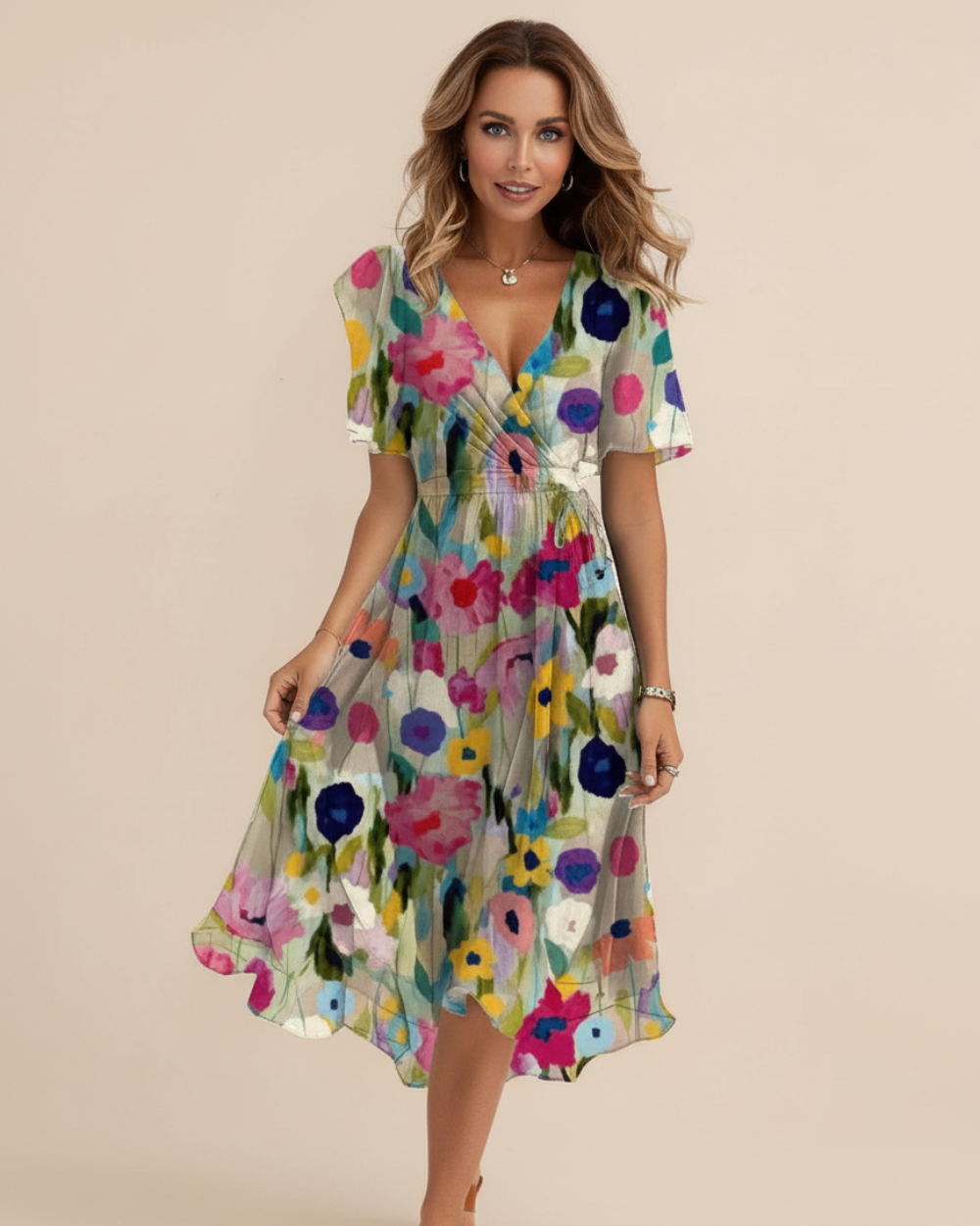 Sommerliches mittellanges Kleid mit Blumenmuster und V-Ausschnitt