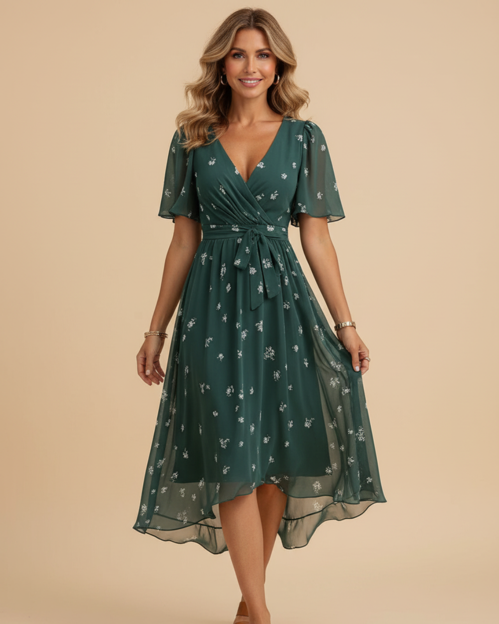 Sommerliches mittellanges Kleid mit Blumenmuster und V-Ausschnitt