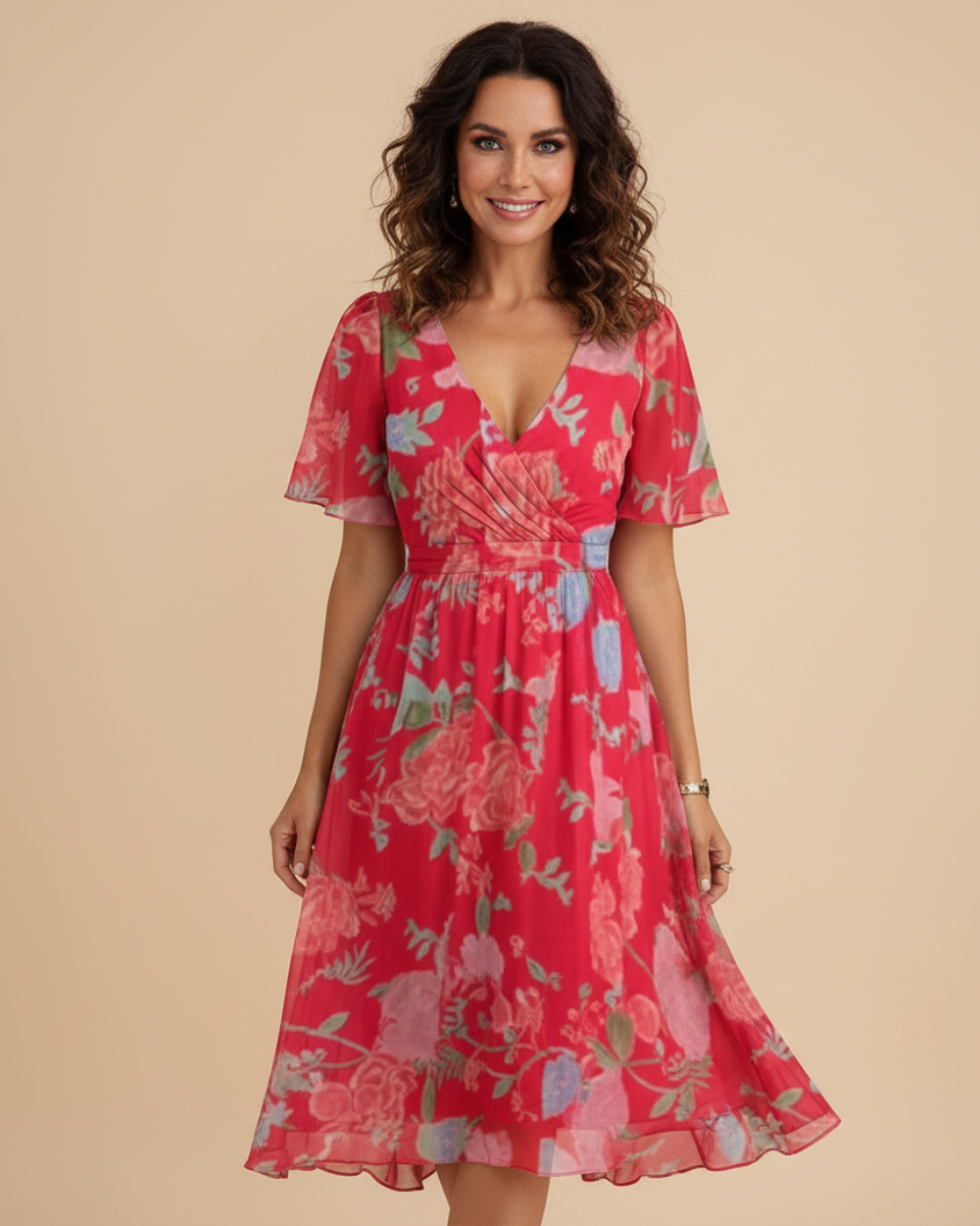 Sommerliches mittellanges Kleid mit Blumenmuster und V-Ausschnitt