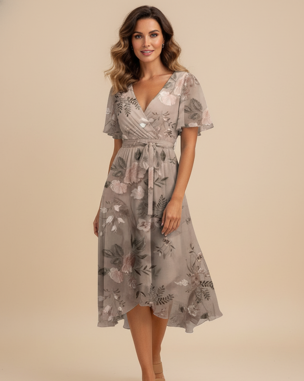 Sommerliches mittellanges Kleid mit Blumenmuster und V-Ausschnitt