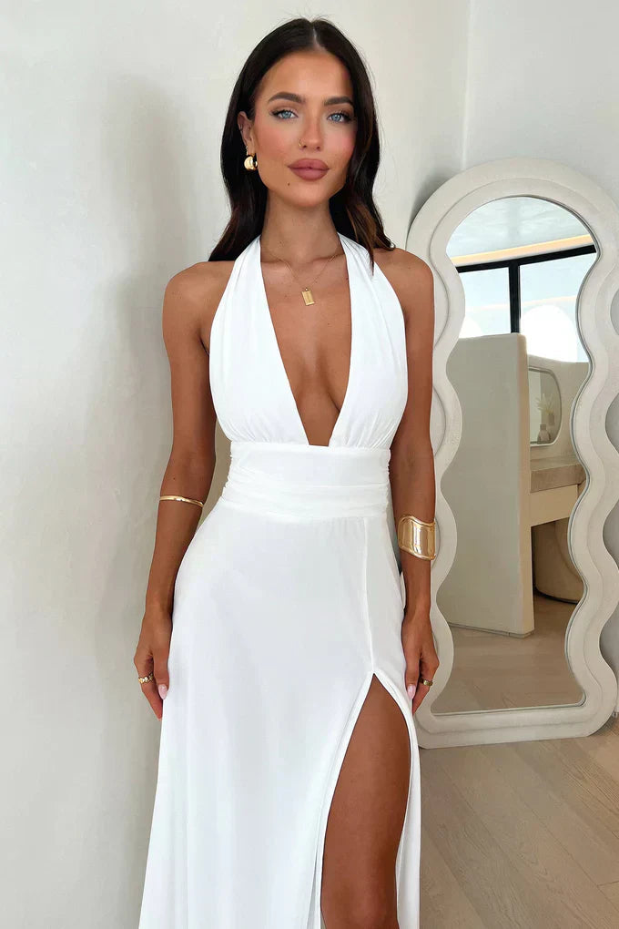 Elegantes Maxi Kleid mit Halter Ausschnitt und offenem Rücken