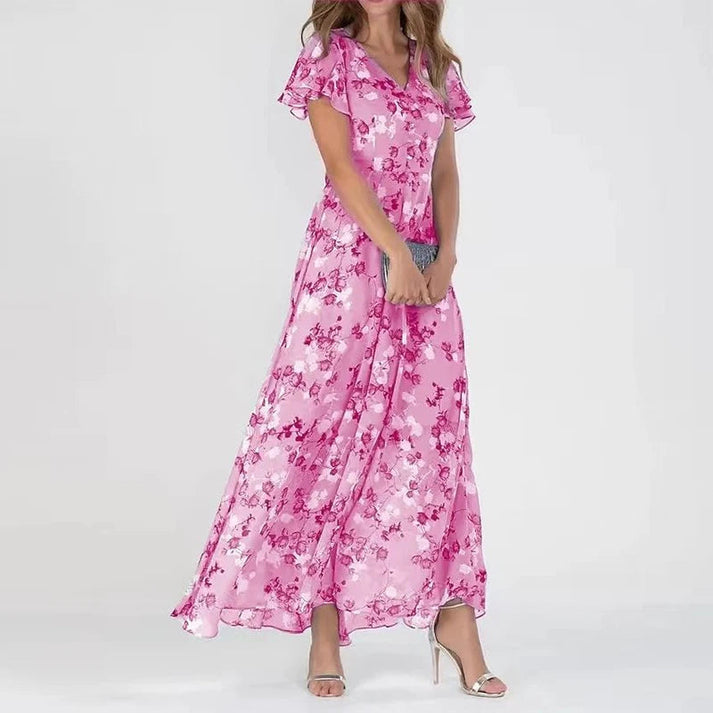 Langes Blumenkleid mit kurzen Ärmeln