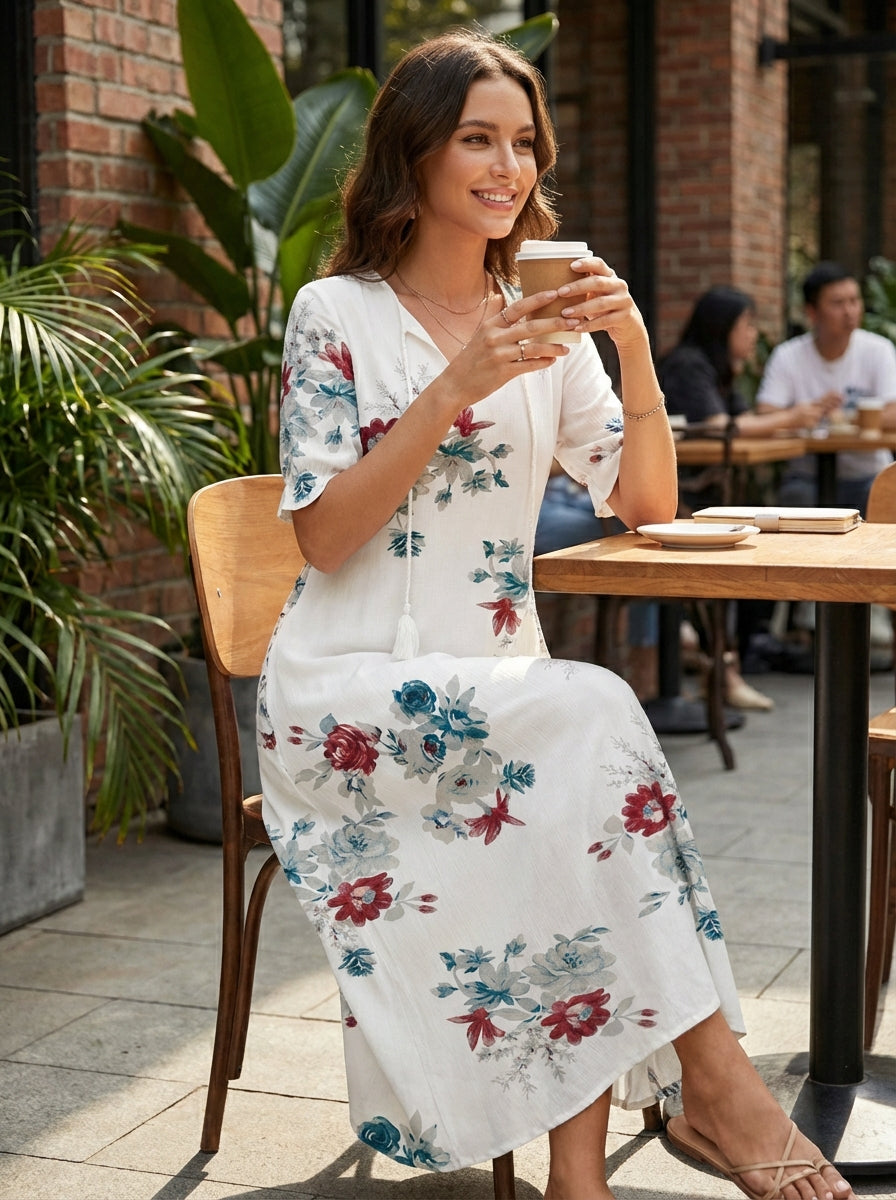 Midikleid mit Blumenmuster und kurzen Ärmeln