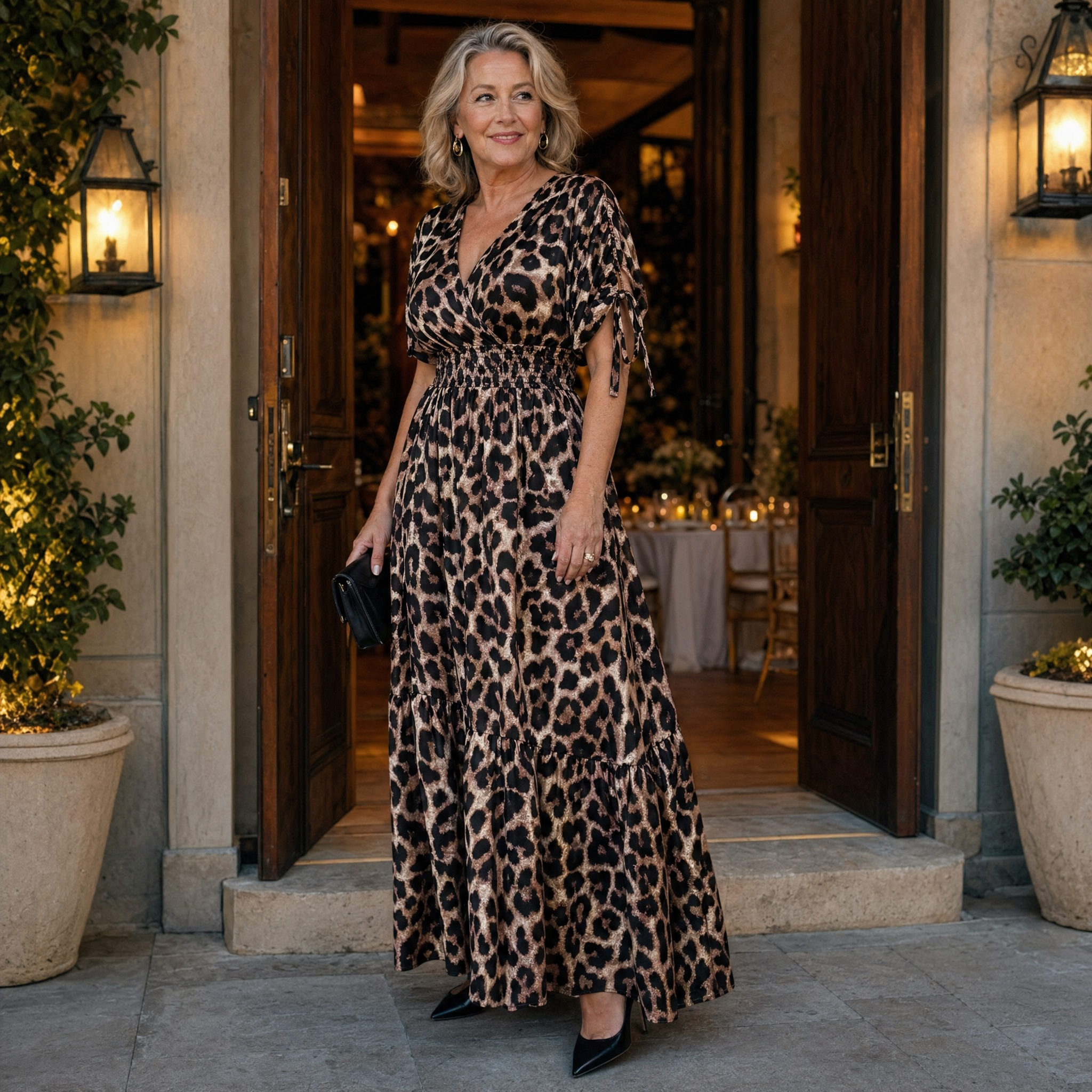 Maxikleid mit Leopardenmuster und kurzen Ärmeln