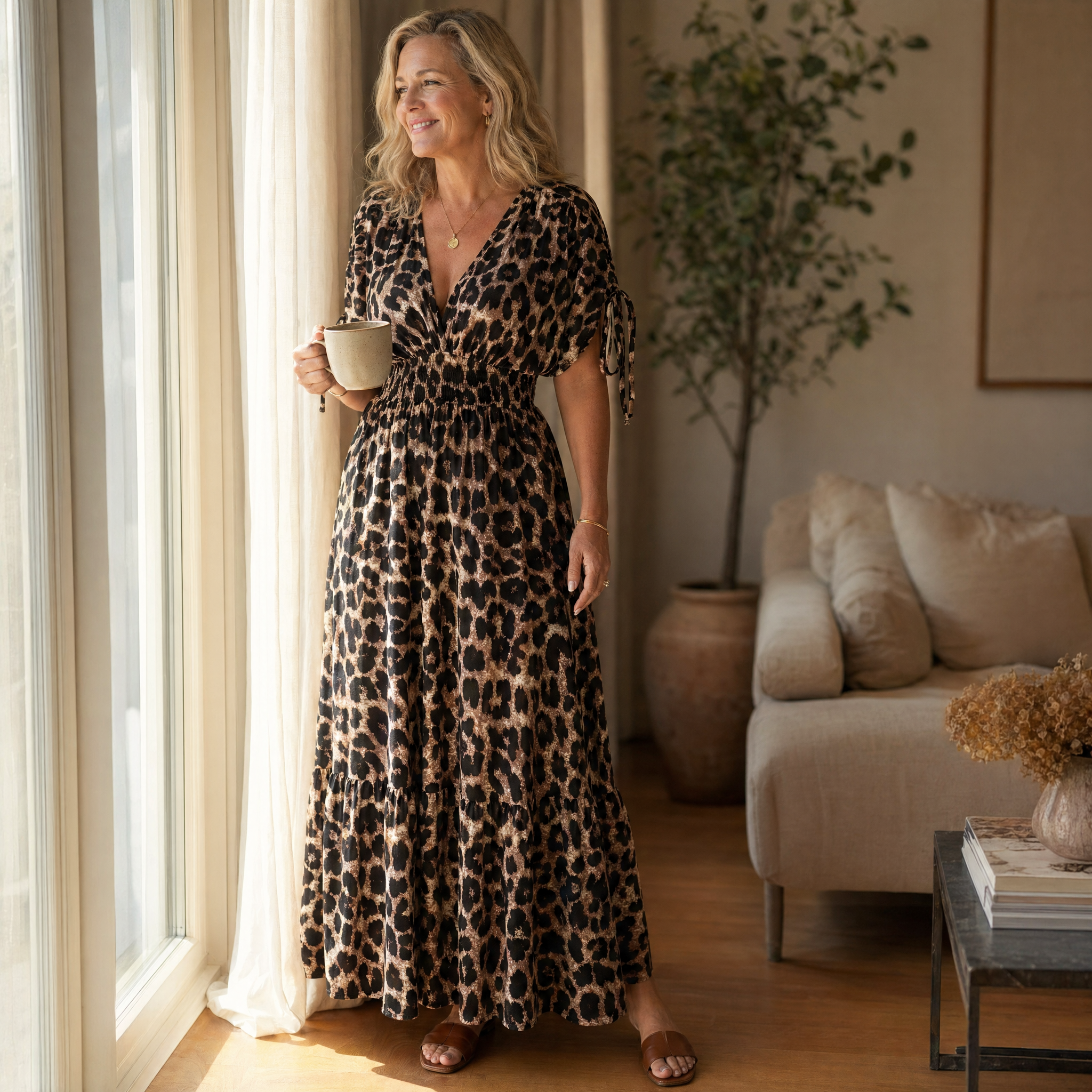 Maxikleid mit Leopardenmuster und kurzen Ärmeln