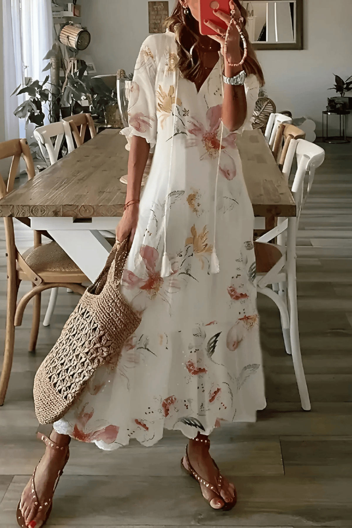 Midikleid mit Muster und kurzen Ärmeln