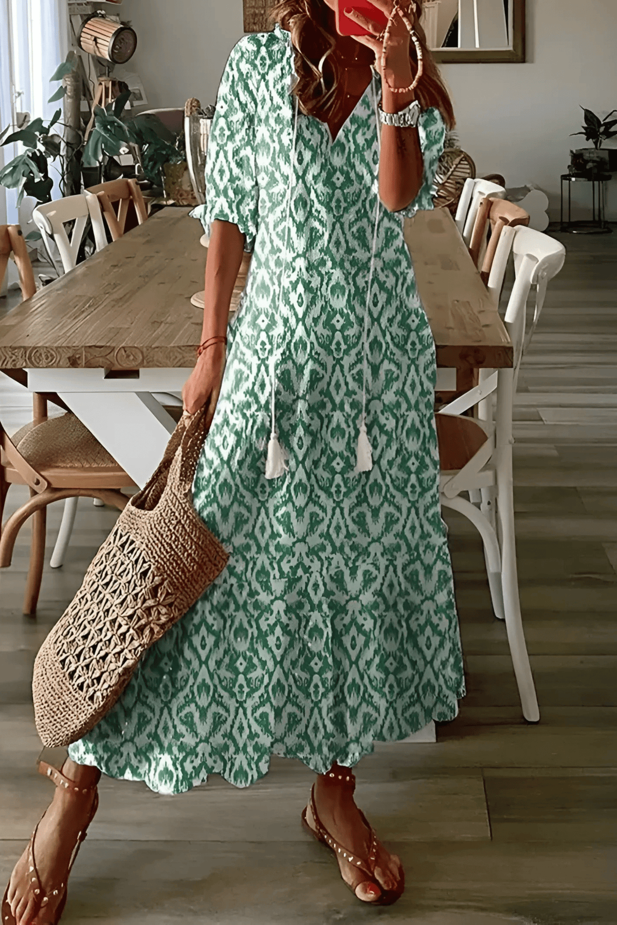Midikleid mit Muster und kurzen Ärmeln