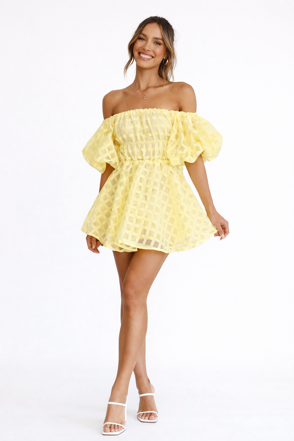 Minikleid mit Puffärmeln und Karomuster