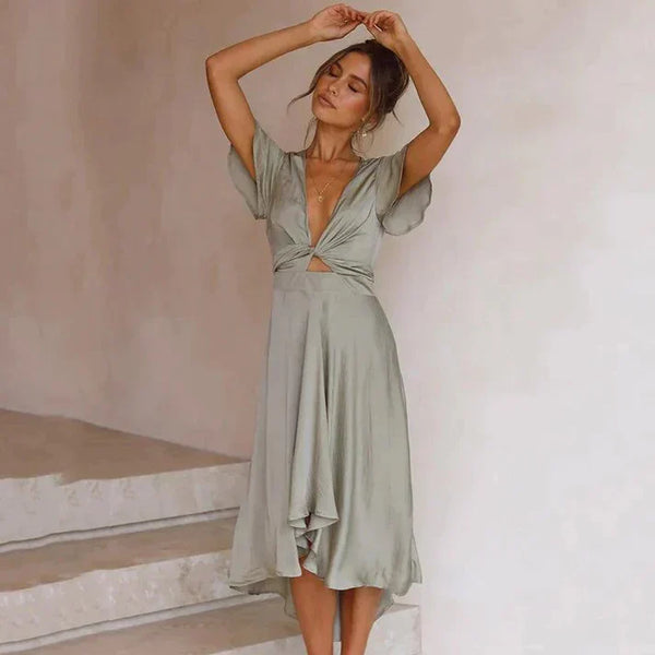 Midikleid mit V Ausschnitt und kurzen Ärmeln